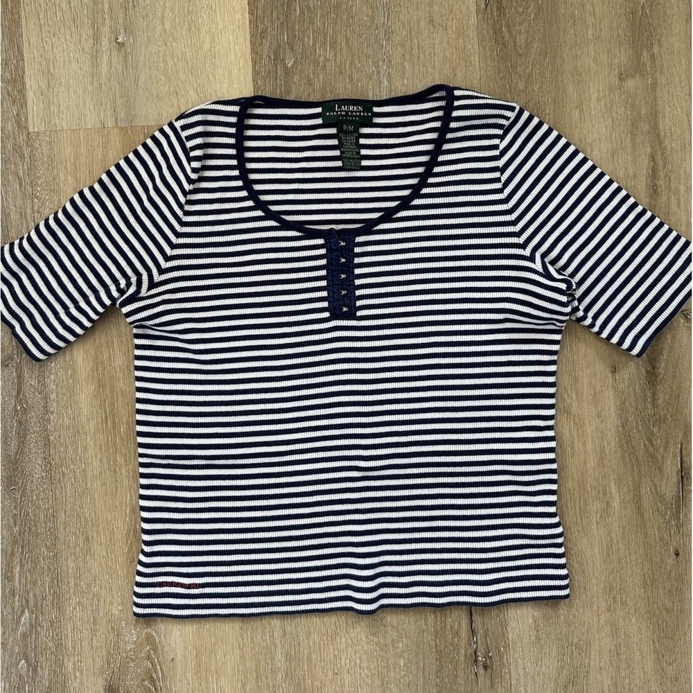 Lauren Ralph Lauren Petite P/M Navy White Striped Rib Knit Hook Front Top Cotton